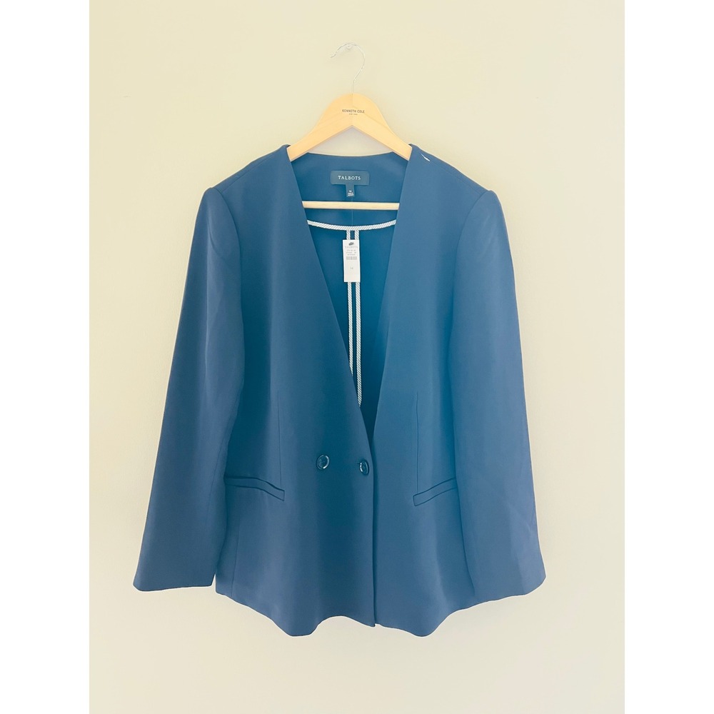 Talbots Womens Navy Blue Collarless Double Breasted Blazer VN300 Size 14‎ NWT